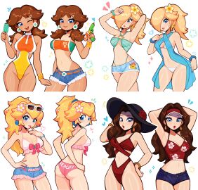 4girls ^^^ accessory alternate_costume alternate_hairstyle armpits arms_behind_head arms_up ass back_view bangs bangs_between_eyes bangs_over_one_eye behind behind_view big_breasts bikini blonde_female blonde_hair blue_bracelet blue_eyes blue_hair_tie blue_shorts blue_topwear bow bracelet bracelets breasts brown_hair character_print cleavage denim earrings english english_text eyebrows eyebrows_behind_hair eyebrows_hidden_by_hair female female_only finger_to_mouth fizzeru flower flower_in_hair food frilled_bikini frilled_legwear fully_clothed green_bikini green_bikini_top green_bracelet hair_accessory hair_between_eyes hair_flower hair_ornament hair_over_one_eye hair_over_shoulder hair_over_shoulders hairclip hand_in_hair hand_up hat heart hibiscus highres holding holding_food holding_ice_cream holding_water_gun human ice_cream jean_shorts jean_skirt jeans jeans_shorts jewelry jorts light-skinned_female light_skin long_hair looking_at_another looking_at_viewer looking_back mario_(series) medium_hair multiple_females multiple_girls multiple_outfits multiple_views name_drop navel nintendo one-piece_swimsuit one-piece_tan one_eye_closed open_mouth orange_fingernail_polish orange_fingernails orange_nail_polish orange_nails orange_one-piece_swimsuit painted_nails parted_lips pauline pauline_(mario) pearl_earrings pink_bow pink_fingernails pink_nail_polish pink_nails ponytail princess princess_daisy princess_peach princess_rosalina revealing_clothes ribbon see-through see-through_clothing short_hair short_shorts shorts sideboob sidelocks smile smiling solo sparkle sparkles standing stars strapless sunglasses sunglasses_on_head super_mario_galaxy sweat sweatdrop sweating sweaty sweaty_body swimsuit swimwear tan tanlines tanned tanned_female tanned_skin teeth thigh_gap tied_hair tube_top twintails two-tone_one-piece_swimsuit underboob updo upper_body water_gun white_background white_bikini white_hair white_hairclip wink wrist_ribbon yellow_one-piece_swimsuit yellow_ribbon