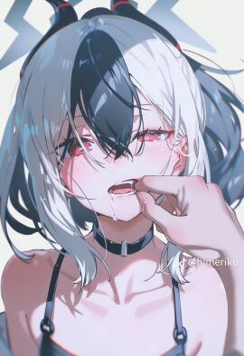 ahe_gao black_hair blue_archive blush breasts choker collar demon_girl drool female finger_in_mouth horns kayoko multicolored_hair red_eyes saliva small_breasts solo tongue_out white_hair