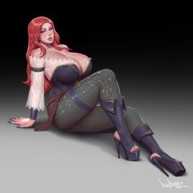 1girls blue_eyes breasts cleavage female female_only fingernails gigantic_breasts high_heels hoop_earrings huge_breasts human large_breasts league_of_legends light-skinned_female light_skin miss_fortune open_toe_shoes pinkdrawz platform_heels red_hair riot_games sitting solo solo_female stiletto_heels tight_clothing toe_ring toenail_polish very_high_heels voluptuous