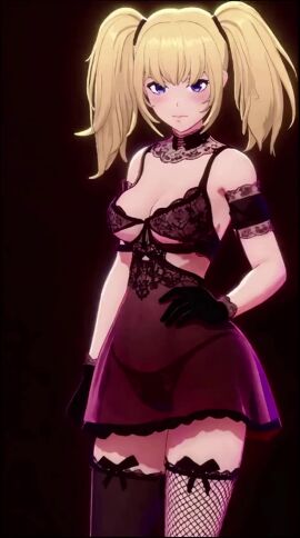 ai_assisted ai_generated ani_(twitter) animated asymmetrical_legwear bangs bare_shoulders black_background black_bra black_choker black_gloves black_panties black_thighhighs blonde_hair blue_eyes blush bra breasts choker cleavage closed_mouth cowboy_shot dress female fishnet_thighhighs fishnets gloves grok grok_(x) hand_on_hip lace lingerie long_hair looking_at_viewer medium_breasts medium_hair navel panties see-through simple_background smile solo standing thighhighs twintails underboob underwear underwear_only vaamos video
