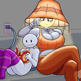 1boy 1girls anonymous_male bald bald_male book breasts female freckles gravity_falls gray_skin grey_skin human_male lamp lampshay large_breasts male original pants reading serious sketchfins