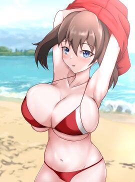 1girls big_breasts blue_eyes breasts brown_hair captain_rs cleavage collarbone female game_freak huge_breasts large_breasts light-skinned_female light_skin may_(pokemon) nintendo pokemon short_hair solo_focus