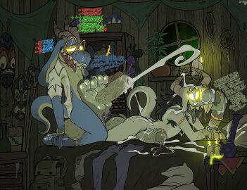 3_toes anthro armpit_hair balls bed biped bodily_fluids body_hair bottomless bottomless_anthro bottomless_male bottomwear candle character_request claws clothed clothing cum cum_on_back cum_on_bed cum_on_eye cum_on_face cum_string cumshot dialogue dirty dirty_clothing dirty_shirt doomlard duo ejaculation english_text erection eyewear feet finger_claws foot_fetish foot_play footjob footwear foreskin furniture genital_fluids genitals glasses glowing glowing_eyes hair hi_res horn intelligence_loss kobold male male/male male_only nude nude_anthro nude_male on_bed orgasm original original_character original_characters pants penis precum saliva saliva_string scalie sex socks spud_(doomlard) tail teeth text toes tongue tongue_out uncircumcised vein veiny_penis wearing_glasses