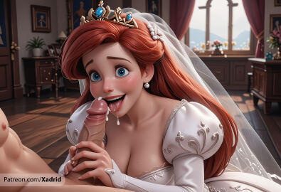1boy ai_generated ariel ariel_(the_little_mermaid) artist_name blue_eyes blush breasts bridal_veil bride cleavage clothed_female_nude_male collarbone crown cum cum_in_mouth curtains disney disney_princess dress earrings erection fellatio female flower freckles indoors jewelry juliet_sleeves large_breasts long_hair long_sleeves mole mole_on_breast nose nude open_mouth oral patreon_username penis puffy_sleeves red_hair saliva smile solo_focus straight the_little_mermaid the_little_mermaid_(1989_film) tiara tongue tongue_out uncensored veil veins web_address wedding_dress white_dress window xadrid