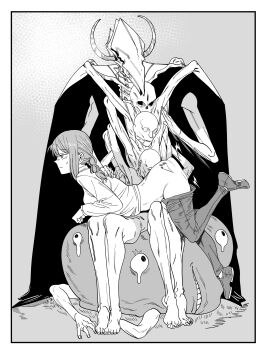 1girls 1other ambiguous_gender arched_back ass braided_hair chainsaw_man clothing darkness_devil_(chainsaw_man) demon emotionless female femsub from_side greyscale legs makima_(chainsaw_man) monochrome monster over_the_knee_spanking pants_down powerful_sub punishment skeleton skull slapping_butt spanking tagme urec
