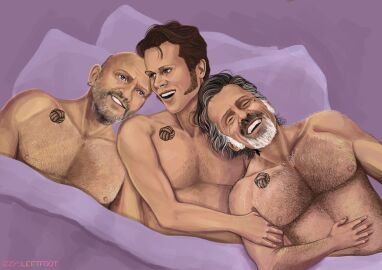 3boys after_sex aftercare afterglow arm_grab bald bald_male bara beard black_pete brown_hair cuddling earring gay head_on_shoulder izzy_hands izzysleftfoot lucius_spriggs male male_only muscular muscular_chest muscular_male our_flag_means_death pirate salt_and_pepper_hair smile under_covers yaoi