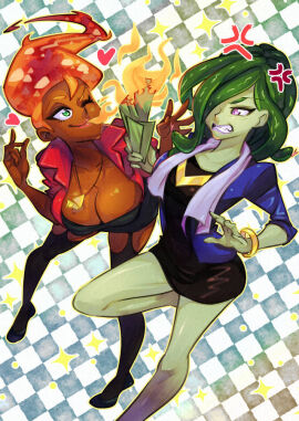 2girls amira_rashid amulet angry big_breasts boob_window bracelet breasts burning cash cleavage cleavage_window dollar dollars female fire fire_hair gorgon green_eyes green_hair green_skin heart heart_symbol jacket jacket_open jewelry lipstick money monster monster_camp monster_girl monster_prom monster_roadtrip purple_eyes rafchu snake snake_girl snake_hair thighhighs vera_oberlin
