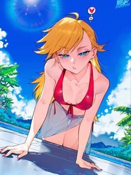 1girls bangs bare_shoulders bikini blonde_hair blue_eyes blue_nails blue_sky blush breasts cesar_art456 cleavage cloud collarbone day earrings female fingernails jewelry lens_flare long_hair looking_at_viewer nail_polish outdoors palm_tree panty_&_stocking_with_garterbelt panty_anarchy pink_nails red_bikini red_nails see-through signature sky solo swimsuit tree wet