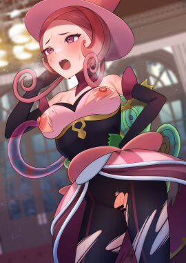 1boy 1girls 1pokemon areolae bar_censor bare_shoulders battle_chatelaine black_gloves black_pantyhose blurry blush breasts breasts_out_of_clothes breath censored clothed_female clothed_sex clothing crotchless dana_(pokemon) dress elbow_gloves exposed_breasts eyelashes female female_only gloves hand_on_hip hand_up hat headwear heavy_breathing indoors kecleon large_breasts larger_female legwear long_hair looking_at_viewer male male_pokemon male_pokemon/female_human medium_breasts nipples no_bra no_panties open_mouth pantyhose pink_hair pink_headwear pokemon pokemon_(game) pokemon_character pokemon_on_female pokemon_penetrating pokemon_xy pokephilia pussy red_hair sex shoichi_(artist) short_hair smaller_male solo standing standing_sex sweat teeth tentacle thighs tongue torn_clothes torn_dress torn_legwear torn_pantyhose upper_teeth vagina