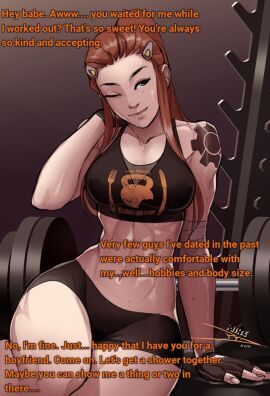 1girls 2d abs blizzard_entertainment bra breasts brigitte brigitte_lindholm caption clothed english_text female female_only fit freckles girlfriend hourglass_figure imminent_sex implied_sex medium_breasts muscles muscular muscular_female overwatch shorts solo talking_to_viewer tattoo toned vashito vashperado wholesome