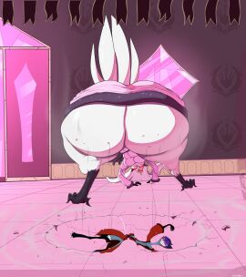 anatid anseriform anserinae anthro aplastante ass avian avian_demon big_ass big_butt bird butt_crush buttcrush_aftermath clothing cracked_ground demon duo female fur grey_body grey_fur grey_hair hair helluva_boss hi_res huge_ass huge_butt husband husband_and_wife hyper hyper_ass hyper_butt long_hair male male/female married_couple obese overweight owl owl_demon pink_clothing pink_eyes pink_robe raised_tail red_clothing red_eyes red_robe robe short_hair stella_(helluva_boss) stolas_(helluva_boss) swan tail white_body white_face white_fur white_hair wife