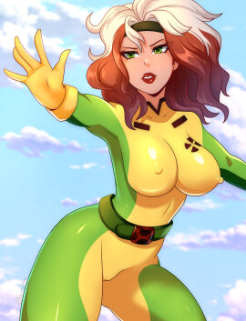 1girls 80s_hair alternate_version_available anna_marie belt big_breasts blue_sky bodysuit breasts brown_hair clothed female gloves green_eyes headband hi_res light-skinned_female lipstick long_hair marvel marvel_comics nipple_bulge nipples outside ravenemore rogue_(x-men) skin_tight solo superheroine two-tone_hair wavy_hair white_hair x-men