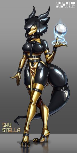 1girls after_transformation bondage_outfit breasts female human_to_anthro latex latex_clothing latex_suit latex_thighhighs magic mask medium_breasts mtf_transformation post-transformation shu_stella tagme transformation