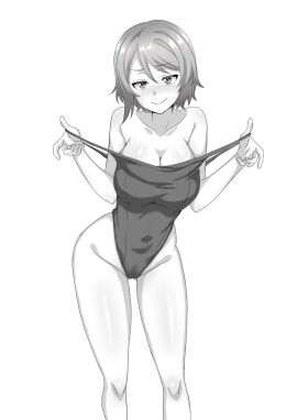 ass_visible_through_thighs bare_shoulders blush competition_swimsuit curvy female greyscale kotokoto_(jumon) looking_at_viewer love_live! love_live!_sunshine!! navel one-piece_swimsuit short_hair simple_background smile smug swimsuit teasing thighs undressing watanabe_you wavy_hair white_background