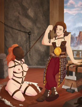 2d aloy arms_tied_behind_back ball_gag biting_lip biting_own_lip blindfold blindfolded body_harness bondage bondage_harness bondage_hood bound clothed_female_nude_female collar collared female female_only femdom femsub freckles gag gagged gimp_mask harness harness_ball_gag harness_gag horizon_zero_dawn kneeling leash leash_and_collar leash_pull leather_harness leather_mask lezdom llythium-art mask masked nipple_piercing nipples on_knees petra_forgewoman pierced_nipples piercing red_hair