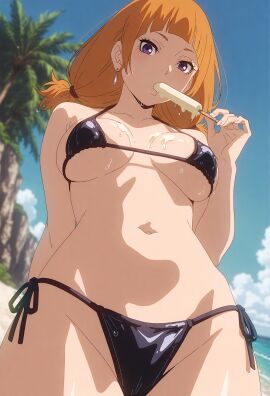 1girls ai_generated aiwaifudxd bare_shoulders beach bikini bikini_bottom bikini_top blunt_bangs boruto:_naruto_next_generations breasts cleavage collarbone curvaceous curvy curvy_female curvy_figure earrings female female_only high_resolution jewelry kazamatsuri_moegi long_hair looking_at_viewer micro_bikini midriff naruto navel orange_hair outdoors petite pinup popsicle popsicle_in_mouth popsicle_melting pubic_hair purple_eyes revealing_swimsuit seaside skimpy skimpy_bikini small_breasts smile solo standing sucking_popsicle swimsuit tied_hair twintails underboob wet wet_pussy wide_hips