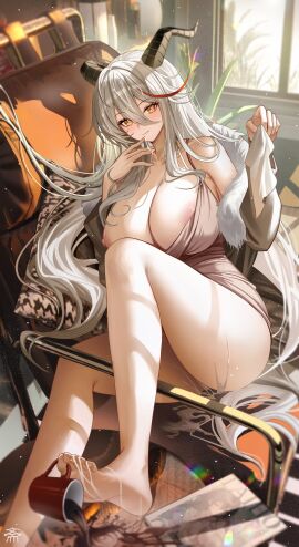 1girls absurdres aegir_(azur_lane) aegir_(one-on-one_leisure_time)_(azur_lane) areola_slip azur_lane bare_shoulders barefoot black_horns blush breasts cleavage closed_mouth coffee cum cup feet female hair_between_eyes heart heart-shaped_pupils highres horns indoors iron_blood_(azur_lane) large_breasts light-skinned_female light_skin long_hair manjuu_(azur_lane) multicolored_hair nipples off_shoulder official_alternate_costume red_hair sitting smile solo streaked_hair symbol-shaped_pupils tansuan_(ensj3875) thighs white_hair yellow_eyes