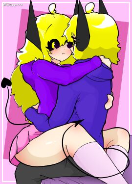 :3 bed big_thighs blue_hoodie brother brother_and_sister crystal demon_horns demon_tail female grey_pants hoodie horns hugging incest katie_(mr.kuperrs) kuperrs_(mr.kuperrs) mr.kuperrs oc original_characters pants pink_skirt sister sitting sitting_on_person skirt smile stockings tail thighhighs thighs unsure white_legwear worried worried_look yellow_hair