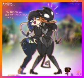 2girls agonywelds angelsagony angry anthro armored_lynx_(fortnite) ass blurry_background breasts cat_ears cat_girl cat_suit cat_tail catgirl curvy female fortnite furry glowing_eyes green_panties hand_on_breast kink lynx_(fortnite) meme meow_skulls_(fortnite) robot robot_girl text thick_ass thick_thighs thighs wide_hips