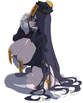 eurasia_(wtp09ptw14) female francoise_(eurasia) jiangshi jiangshi_costume long_hair looking_at_viewer oc original purple_eyes purple_hair simple_background steamy_breath sweating talisman talisman_pasties wtp09ptw14