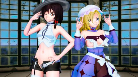 3d 3d_(artwork) alternate_version_at_source alternate_version_available asawa barely_clothed barely_visible_genitalia black_panties blonde_hair blonde_pubic_hair breasts brown_hair brown_pubic_hair exposed female hat large_breasts maribel_hearn medium_breasts midriff mikumikudance mmd nipple_slip nipples no_bra peace_sign pink_eyes pink_nipples red_eyes renko_usami see-through see-through_clothing showing_off sign_of_the_horns skimpy skimpy_clothes skimpy_panties string_panties touhou transparent_clothing wardrobe_malfunction