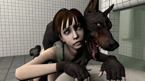 3d blue_eyes brown_hair canine capcom clothed doberman doggy_style female fingerless_gloves from_behind functionally_nude human interspecies monster monster_on_female on_knees rebecca_chambers resident_evil scared teeth tile_floor tiles toilet undead video_games white_eyes wide_eyed zombie zombie_dog zoophilia