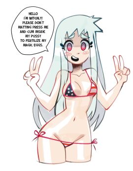 1girls 4th_of_july american_flag_bikini bikini breasts dialogue edit english_text female female_only gerph grey_hair imminent_mating_press imminent_sex light-skinned_female light_skin long_hair peace_sign pokelolo pokelolo99 red_eyes skarp_world small_breasts solo text thick_eyebrows third-party_edit white_background witch witchly_(skarpworld)