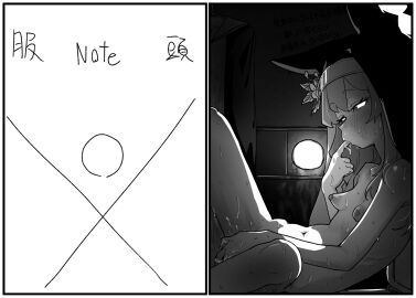 animal_ear_headwear asahina_yoshitoshi blue_archive blush breasts coif completely_nude confessional female female_masturbation finger_in_own_mouth fingering flower glory_hole greyscale halo hat hat_flower highres long_hair mari_(blue_archive) masturbation monochrome navel nude small_breasts solo sweat tongue tongue_out