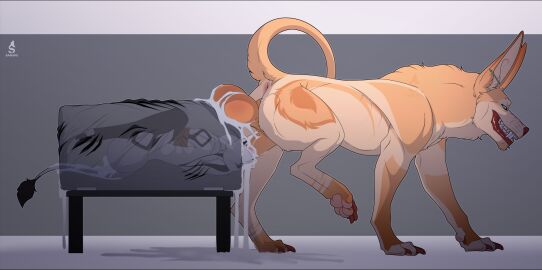 animal_genitalia anthro anthro_on_feral anthro_penetrated anus ass balls big_balls big_ears blue_eyes bodily_fluids bondage bound breeding_mount breeding_mount_with_someone_inside canid canine canine_demon canine_genitalia canis claw_marks claws cum cum_drip cum_from_ass cum_in_ass cum_in_mouth cum_inside cum_on_balls cum_on_face cum_on_ground cum_on_sheath cum_on_tail darkened_balls darkened_genitalia dominant dominant_feral dominant_male dripping duo ear_piercing ear_ring felid feline feral feral_penetrating fur fur_pattern genital_fluids genitals hi_res interspecies knot knotting larger_feral larger_male looking_at_another looking_at_partner looking_back lynx male male/male male_penetrated male_penetrating mammal multicolored_body multicolored_fur neck_bulge nude open_mouth oral oral_knotting oral_penetration orange_body orange_fur penetration penis piercing pink_anus raised_leg raised_tail restrained ring_piercing sabuke_(character) sabuky sex sharp_teeth sheath simple_background size_difference smaller_anthro smaller_male smile stuck_knot submissive submissive_anthro tail tail_tuft teeth tongue tongue_out tuft white_body white_fur wolf zoophilia