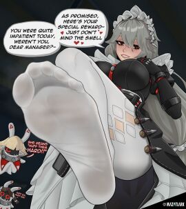 absurdres alexandrina_sebastiane apron black_background black_dress black_gloves blush breasts dress english_text feet feet_visible_through_clothing female foot_fetish foot_focus foreshortening gloves grey_hair hair_between_eyes hand_up highres impossible_clothes impossible_dress juliet_sleeves large_breasts long_hair long_sleeves looking_at_viewer maid maid_apron maid_headdress mazatlark no_shoes pantyhose parted_lips puffy_sleeves red_eyes simple_background soles speech_bubble standing standing_on_one_leg stepped_on text thighs toes twitter_username very_long_hair white_apron white_pantyhose zenless_zone_zero