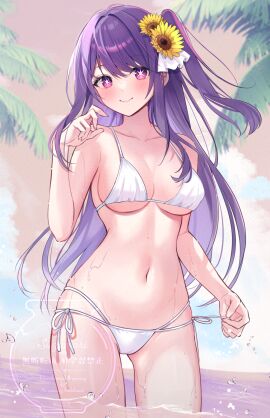 bare_arms bare_belly bare_legs bare_shoulders bare_thighs belly_button big_breasts bikini blush breasts cleavage closed_mouth collarbone female flower_in_hair hoshino_ai long_hair oshi_no_ko purple_eyes purple_hair side-tie_bikini_bottom sideboob smile star-shaped_pupils suzumori_(su2525) thighs underboob wading water white_bikini