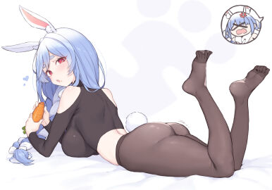 1girls animal_ears ass breasts bunny_ears carrot cloba clothed clothing feet feet_up female female_only hololive lying on_front pantyhose pekomama rabbit_ears rabbit_tail solo the_pose virtual_youtuber