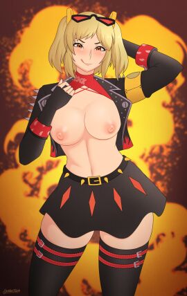 1girls alternate_version_available areolae big_breasts black_jacket black_skirt black_thighhighs blonde_hair blush bottomwear breasts breasts_out burnice_white clothing exposed_breasts eyewear_on_head female female_only hair hair_ornament hand_behind_head jacket lackatask legwear nipples orange_eyes short_skirt skirt smile solo solo_female thighhighs thighs tongue tongue_out topless twintails zenless_zone_zero