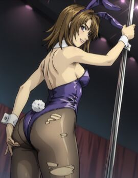 ass breasts brown_hair bunny_ears cowboy_shot detached_collar dutch_angle female from_behind highleg_leotard holding_pole initial_d kyoko_iwase leotard medium_breasts medium_hair pantyhose playboy_bunny pole pole_dancing purple_eyes smile stripper_pole torn_pantyhose wrist_cuffs