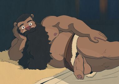 1boy animal_ears bara bear_boy bear_ears beard belly brown_fur derivative_work dungeon_meshi dwarf elbow_rest facial_hair fat fat_male foreskin furrification furry furry_male girthy_penis highres long_beard looking_at_viewer lying male male_focus male_only moustache navel nipples no_male_underwear on_side pectorals penis penis_out rev_(artist) rev_revington screenshot_redraw senshi_(dungeon_meshi) solo thick_mustache thick_navel_hair topless_male uncensored uncircumcised very_long_beard yaoi