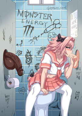 1femboy 3boys astolfo_(fate) balls big_penis blowjob blush clothing dark-skinned_male dark_skin ember_cool fat_cock fate/grand_order fate_(series) femboy girly glory_hole huge_cock light-skinned_femboy light-skinned_male light_skin male male/male male_only navel penis penis_size_difference pink-haired_male pink_hair skirt stockings thick_penis toilet trap wall_writing white_stockings