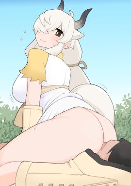 1boy animal_ears black_hair black_horns blue_sky blush boots bottomless breasts brown_eyes brown_footwear bush clear_sky closed_mouth commentary_request cow_ears cow_girl day female full_body gradient_horns hair_between_eyes hair_over_one_eye highres horns illu_(illu_stratos) kemono_friends large_breasts long_bangs long_hair looking_back male multicolored_horns ollie_(ollie_stratos) outdoors shirt short_sleeves sidelocks sitting_on_face sky solo_focus straight very_long_hair white_hair white_shirt yak_(kemono_friends)