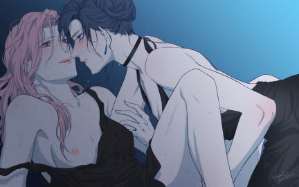 2girls black_choker black_dress black_hair blue_background blue_eyes blush breasts choker cleavage clothes_pull commentary dress dress_pull earrings english_commentary eye_contact female fingering gradient_background hair_bun hand_on_another's_arm jewelry long_hair looking_at_another multiple_females multiple_girls neiigal nipples original parted_lips pink_eyes pink_hair pussy pussy_juice signature small_breasts smile straight_to_the_point sweat yuri