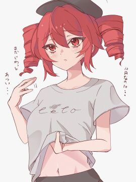 1girls 2d 2d_(artwork) ahoge belly blush blush_lines breasts clothed clothed_female clothing exposed_belly exposed_midriff fanning fanning_self female female_only fully_clothed hat japanese_text kasane_teto kasane_teto_(sv) leggings lifting_shirt medium_breasts mv_character navel override_(synthesizer_v) petite petite_body petite_female ramie_li red_eyes red_hair shirt shirt_lift shirt_lifted_by_self simple_background skinny skinny_female slim_female slim_waist solo solo_female synthesizer_v text twin_drills upper_body upper_body_focus utau white_background yoga_pants