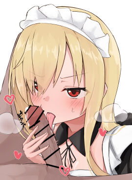 1boy 9-nine- absurdres alternate_costume apron bar_censor black_ribbon blonde_hair blush breasts breath censored cleavage close-up commentary detached_collar enmaided erection eyes_visible_through_hair fellatio female ghost_(9-nine-) hair_over_one_eye hair_over_shoulder heart highres licking licking_penis long_bangs long_hair looking_at_another maid maid_apron maid_headdress male neck_ribbon oral penis penis_grab precum red_eyes ribbon saliva sanpaku sidelocks simple_background solo_focus sound_effects straight sweatdrop takoyaki032002 tongue tongue_out twitching_penis v-shaped_eyebrows veins veiny_penis white_apron white_background