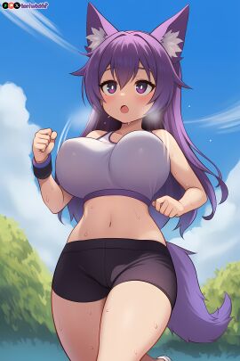 ai_generated big_breasts bra breast_jiggle breasts curvy cute dog_ears dog_girl doggirl female female_focus highres hips huge_boobs huge_breasts jogging kemonomimi light_skin light_skinned_female long_hair outdoors patreon_username petgirl petite purple_ears purple_eyes purple_hair purple_tail self_upload shorts sports_bra thick_thighs thighs tori toriwoofs watermark wavy_hair white_skin white_skinned_female wide_hips wolf_ears