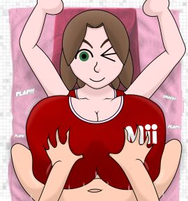 1boy 1girls alolanfirestone alternate_breast_size big_breasts breast_grab breast_hold breasts breasts_bigger_than_head brown_hair competition_swimsuit double_breast_grab engulfing_paizuri female grabbing_breasts green_eyes happy happy_paizuri happy_sex highres huge_breasts large_breasts looking_at_viewer male mii miitopia nintendo on_back one-piece_swimsuit paizuri paizuri_lead_by_male paizuri_under_clothes poolside pov pov_eye_contact pov_paizuri smile straddling straddling_paizuri straight swimsuit swimsuit_paizuri tomodachi_life towel wink winking_at_viewer