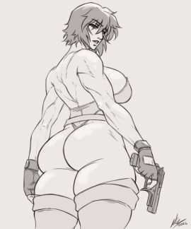 1girls android android_girl ass ass_focus athletic_female back cyborg cyborg_girl female fingerless_gloves from_below from_below_view ghost_in_the_shell gun kusanagi_motoko low-angle_view monochrome muscular muscular_female nr4ces pistol sec4 solo