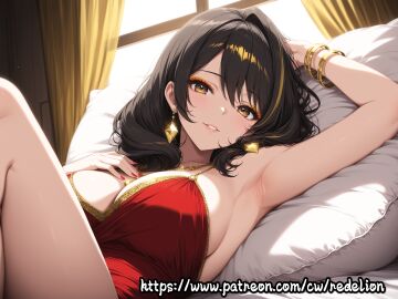 1girls ai_generated armpits bangs bed bedroom bedroom_background bedroom_setting black_hair breasts clothed clothing curvaceous curvaceous_body curvy curvy_figure earrings elegant elegant_dress female female_focus female_only gold_jewelry hand_behind_head looking_at_viewer lying lying_on_back lying_on_bed medium_breasts pillow red_dress redelion seductive seductive_eyes seductive_look seductive_smile shiny_hair shiny_skin short_hair thighs upper_body