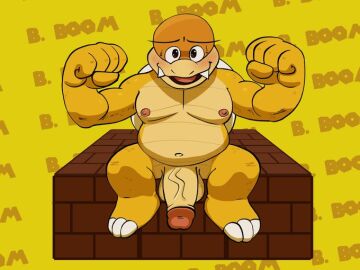 anthro balls barefoot bboom_boom_(mario) biceps blush boom_boom_(mario) casual_nudity feet genitals humanoid_genitalia humanoid_hands humanoid_penis koopa male mario_(series) masculine_male navel nintendo nipples nude pecs penis pooncartoonist reptile scalie simple_background smile solo super_mario_bros.