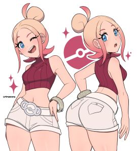 1girls ass blonde_hair blue_eyes breasts cremanata cropped_shirt female game_freak gradient_hair hand_on_hip looking_at_viewer mega_ring midriff multiple_poses multiple_views navel nintendo parted_lips pokemon pokemon_legends:_z-a pokemon_trainer shirt shorts solo taunie_(pokemon) townie_(pokemon) turtleneck white_shorts