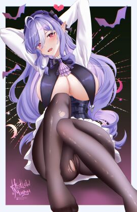1girls absurdres ahoge arms_behind_head ascot black_bow black_bowtie black_pantyhose blush bow bowtie breasts cameltoe cleavage commentary female foot_out_of_frame hair_between_eyes highres hollow_mimikyu large_breasts long_hair looking_at_viewer no_shoes open_mouth pantyhose purple_ascot purple_hair pussy red_eyes signature sitting solo teeth torn_clothes torn_pantyhose twitter_username twitter_x_logo upper_teeth very_long_hair vivian_(zenless_zone_zero) vivian_banshee zenless_zone_zero
