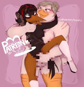 avian bentina_beakley big_breasts big_woman bird black_heron_(ducktales) breasts censored_genitalia chubby commission commission_art duck ducktales ducktales_(2017) enemies female fingering heron making_out muscles sapphic scars size_difference toxic_yuri wlw yuri