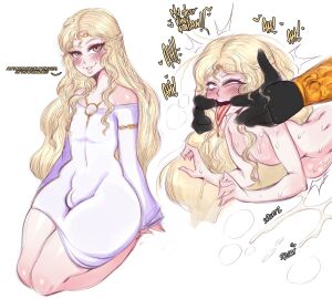 1boy 1femboy blush bottom_heavy bottom_heavy_femboy braid brother brother_and_brother bulge bulge_through_clothing bussy cheeks crown cum cumshot dialogue dress elden_ring english_text erection femboy fingers fingers_in_mouth fromsoftware gauntlets gay gay_sex golden_eyes golden_hair incest lips long_hair male male_focus male_only miquella monster_femboy off_screen_character on_knees saltyxodium sex shadow_of_the_erdtree spoilers starscourge_radahn stomach_bulge stretching_mouth sweat teeth text thick_eyelashes thick_thighs trap yaoi yellow_eyes yellow_hair