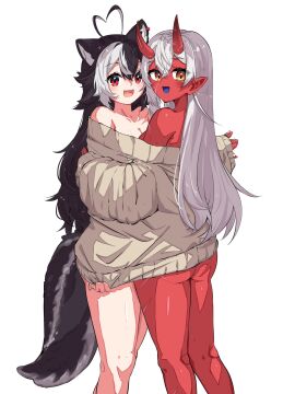 2girls :d ahoge akumi bare_shoulders black_hair breasts cute_fang eyebrows_visible_through_hair female hair_between_eyes horns long_hair looking_at_viewer momotexx_(vtuber) multiple_females multiple_girls off_shoulder open_mouth red_eyes red_skin sleeves_past_fingers sleeves_past_wrists smile sweater tail very_long_hair virtual_youtuber vyugen white_hair